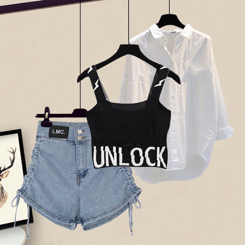 Plus Bộ Áo Sơ Mi + Áo Khoác Vest + Quần Short Denim Lưng Cao Thời Trang Mùa Hè 2022 Cho Nữ