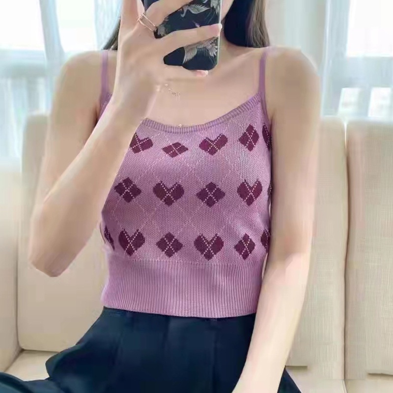 Brroa Áo Croptop Dệt Kim Hai Dây Không Tay Họa Tiết Trái Tim Kim Cương Tương Phản Cổ Điển Mùa Hè Cho Nữ