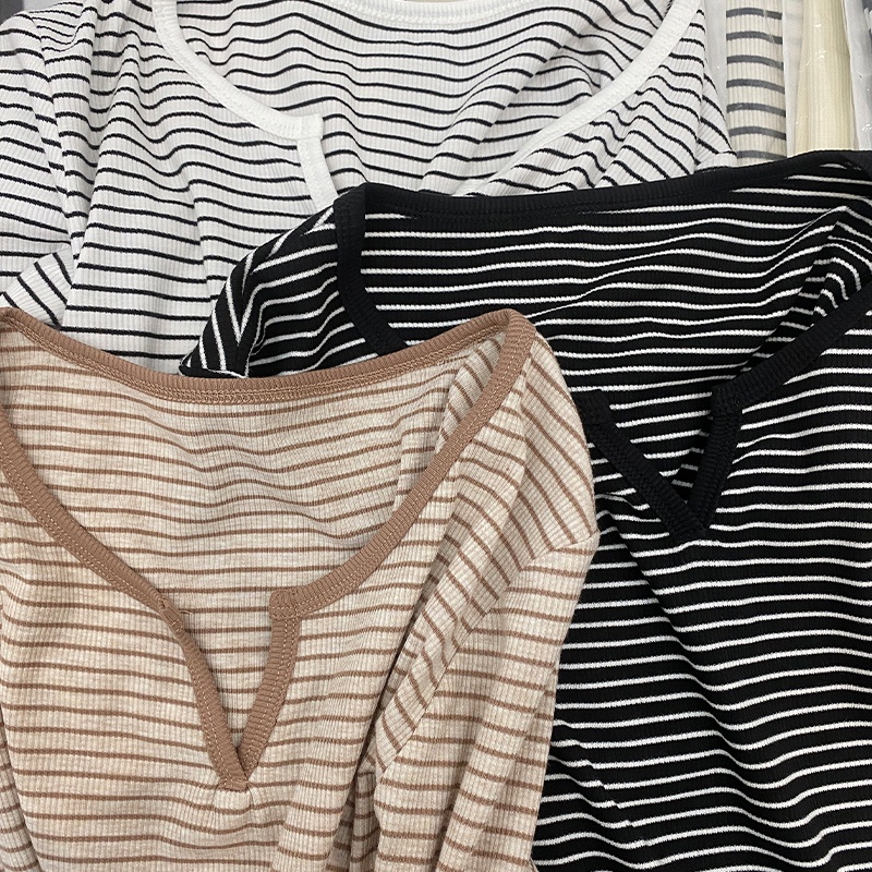 Áo Thun Kẻ Sọc Cổ Chữ v Phong Cách Hàn Quốc Thời Trang Mùa Thu Dành Cho Nữ 54921