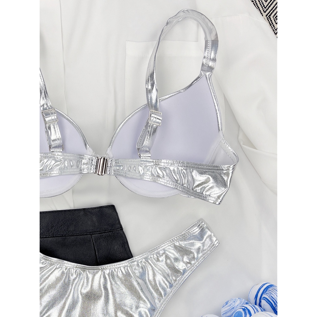 Bộ Đồ Bơi Bikini Giả Da Có Gọng Nâng Ngực Màu Bạc Cho Nữ