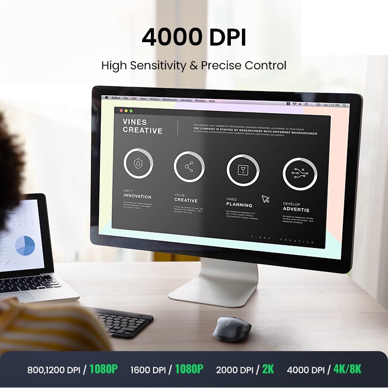 Chuột không dây UGREEN 6 nút pin AA 2.4g cổng USB mini 5 cấp độ DPI cài đặt 4000DPI