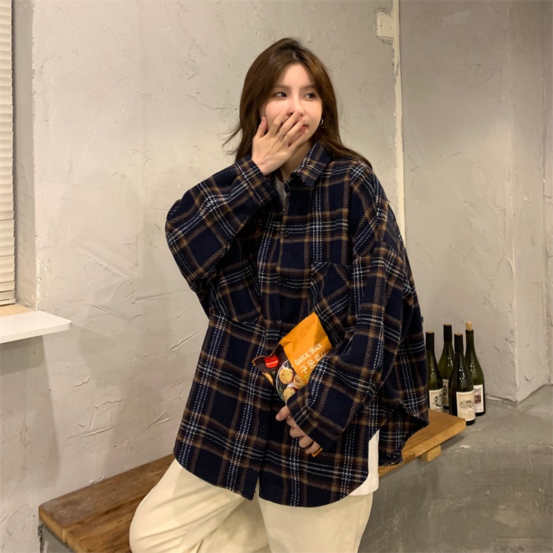 Áo sơ mi ZHELIHANGFEI tay dài form rộng họa tiết sọc theo phong cách đi học dễ phối đồ