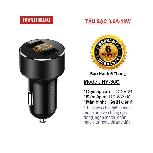 Tẩu sạc ô tô, tẩu sạc nhanh HUYNDAI HY-36C tích hợp hai cổng USB điện áp 3.6A, 18W hiển thị điện áp  HY-36C