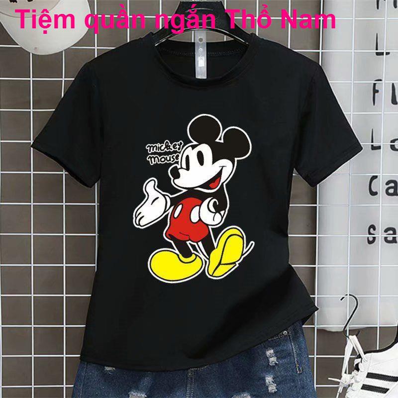 Áo thun nam nữ ngắn tay mùa hè Mickey, sơ mi có đáy, chui đầu, xu hướng slim-fit, cặp nữ, cổ tròn