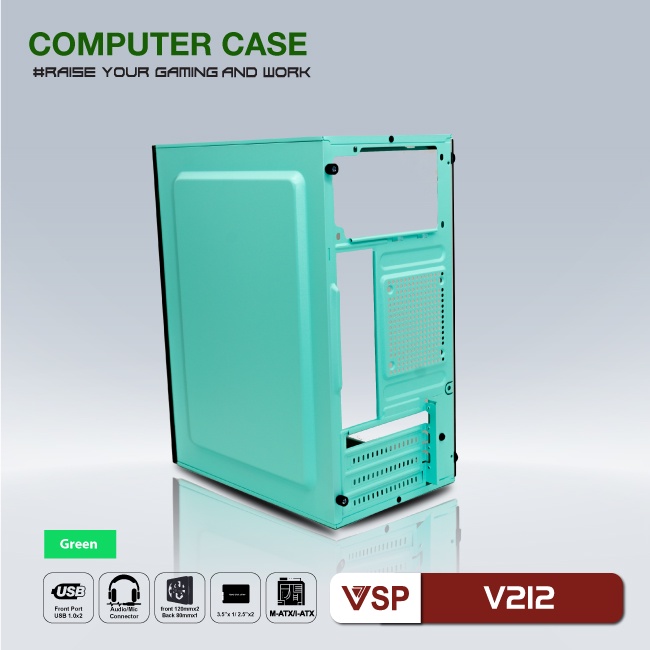 Case VSP V212 Xanh (Chuẩn mATX) Hai Mặt Kính Cường Lực