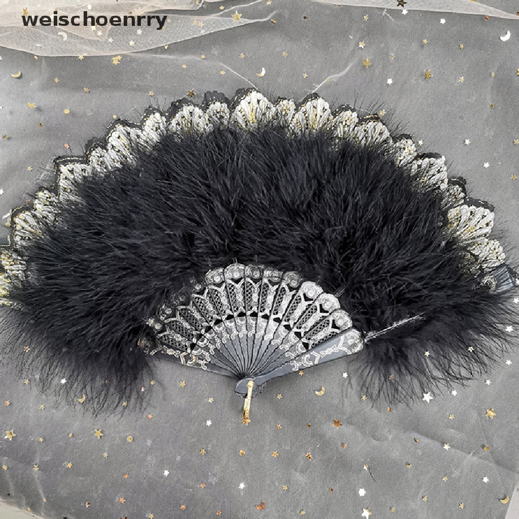 Quạt xếp phối lông vũ phong cách Lolita nhiều màu tùy chọn