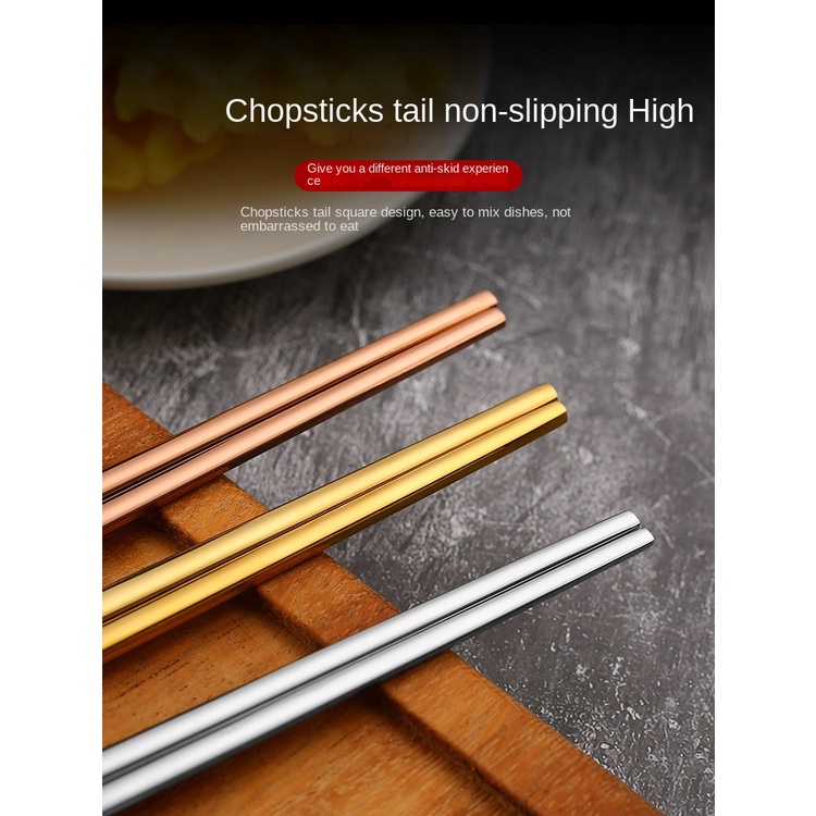 Đũa Bằng Thép Không Gỉ 304 Dày Dặn Chống Trượt Màu Vàng Đồng Phong Cách Hàn Quốc