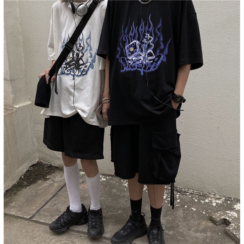 Áo thun 173314 tay lỡ dáng rộng họa tiết ngọn lửa xanh dương cá tính phong cách đường phố dễ phối đồ