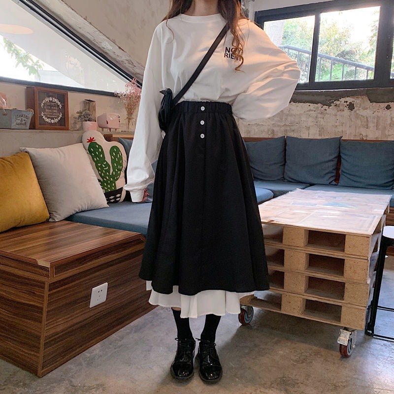 Chân váy phối khuy trắng cạp cao, chân váy dài ♥️ Chân váy ulzzang, chân váy xòe ♥️ Chân váy lưng cao - NhimShop CV11 | BigBuy360 - bigbuy360.vn