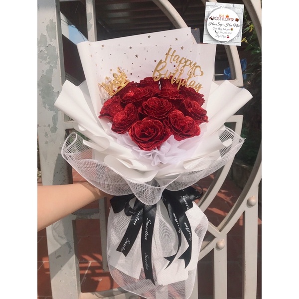Bó Hoa Nhũ 12 Bông Kèm Chữ Và Thiệp