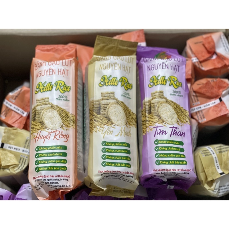 Bánh gạo lứt ăn kiêng Hello Rice không đường yến mạch, gạo lức Tím than/Huyết rồng