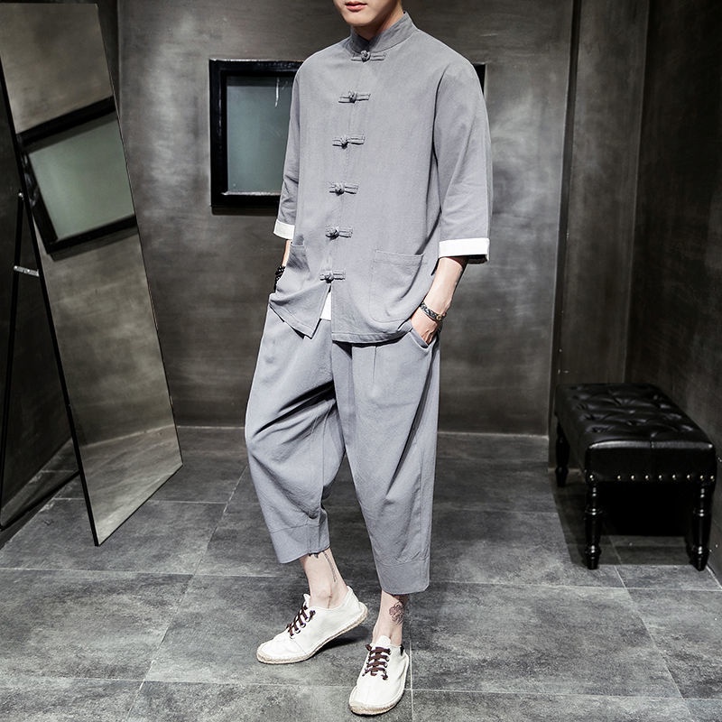 Áo Khoác Hán Phục Bằng Cotton Lanh Ba Nút Tay Áo Phong Cách Trung Hoa Cổ Điển Cho Nam