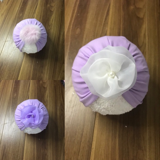 turban cho bé - mầu tím vải cotton đính hoa (5-10kg)