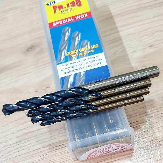 Bộ Gồm 4 Mũi Khoan Cỡ 4ly2, 5ly, 6ly, 8ly Đen Vàng Cực Phẩm Dùng Khoan Inox Chất Liệu Thép M2, HRC=68, Fr.135