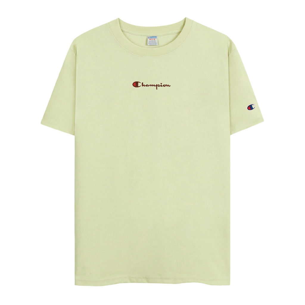 Áo Thun Champion Màu Xanh Bơ Thêu Chữ Màu Nâu Ở Giữa Chất Liệu 100% Cotton Thoáng Mát Form Rộng Thoải Mái