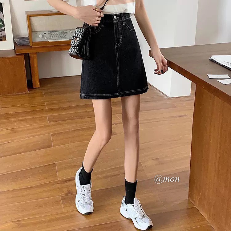 2101352 Chân váy jeans chữ a ulzzang basic cho nữ màu đen nhám có size phong cách hàn quốc | BigBuy360 - bigbuy360.vn