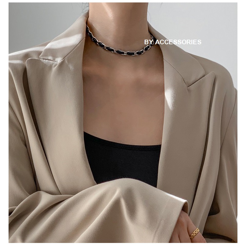 Choker titan xích đan dây da 2 kiểu không gỉ WN2104