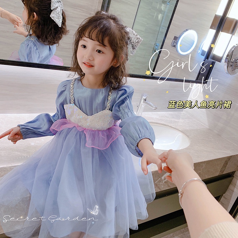 Đầm Công Chúa Tiên Cá Ji Dài Tay Phối Lưới Đính Kim Sa Phong Cách Mới Mùa Thu Cho Bé Gái