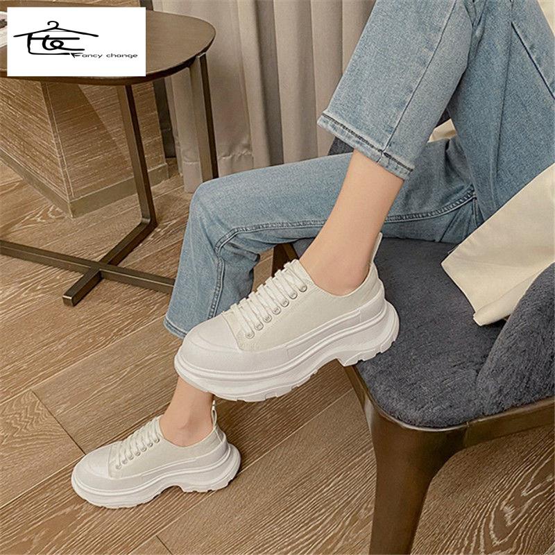 Giày vải bạt đế dày tăng chiều cao màu trắng phong cách hè thu McQueen-2022
