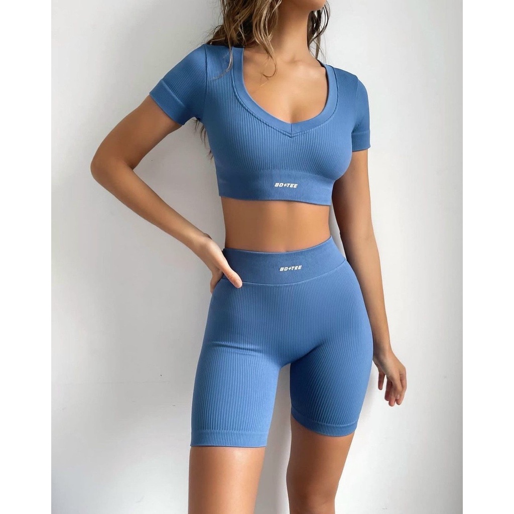 Bộ đồ tập gym yoga thể thao nữ, set quần đùi áo crop dệt kim quảng châu cao cấp Bin Sports BN079