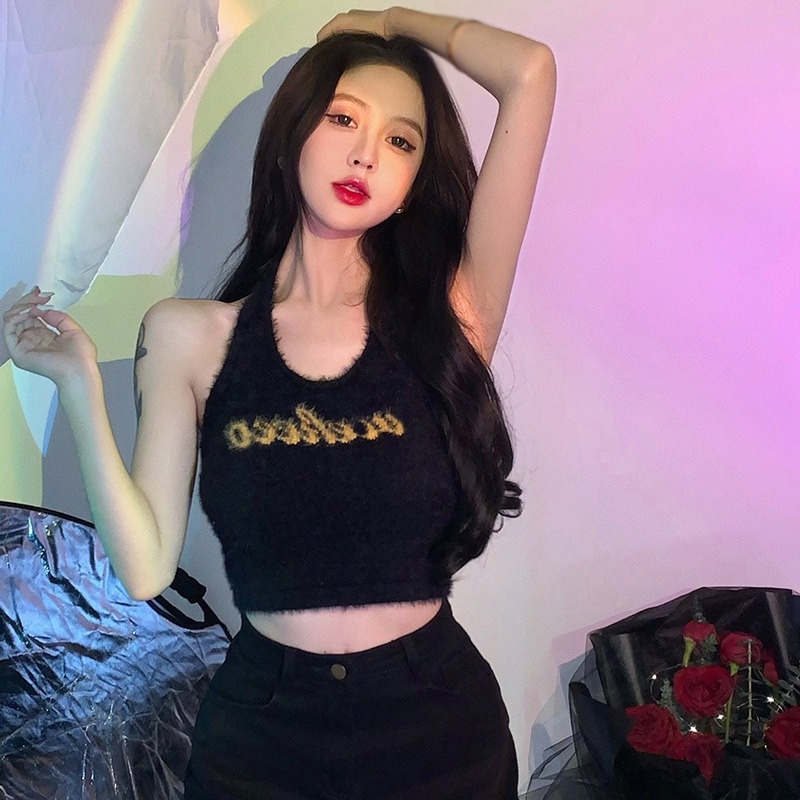 Áo Croptop Lông Cừu Hai Dây Dáng Ôm Hở Lưng Gợi Cảm Cho Nữ