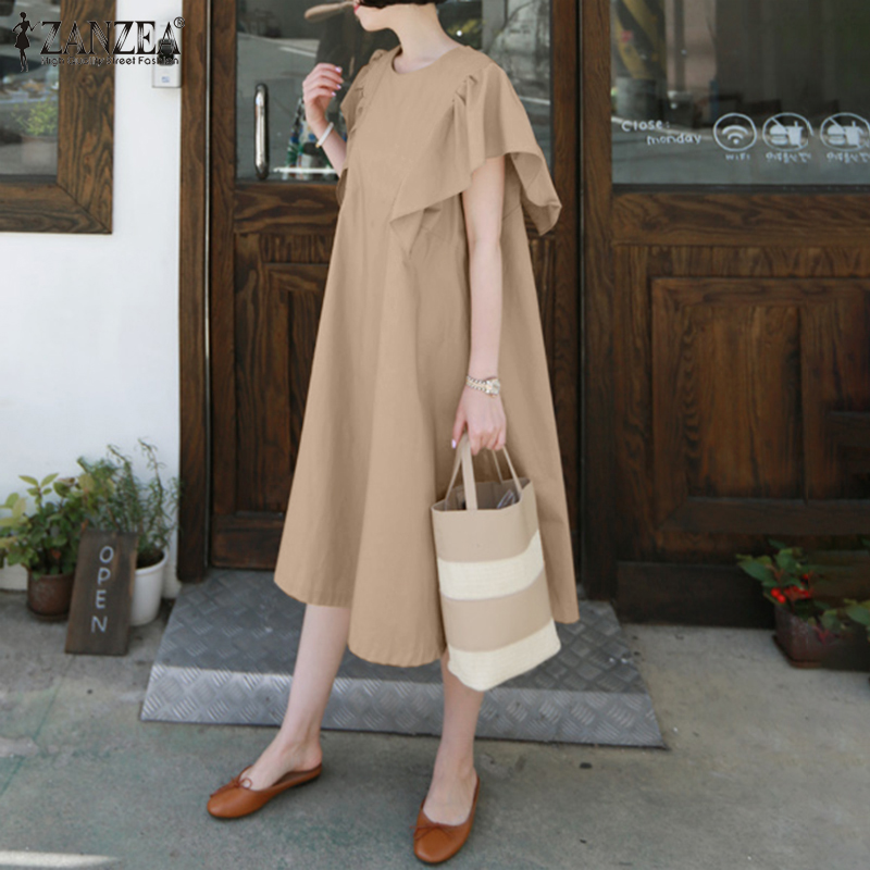 Đầm Midi ZANZEA Tay Ngắn Nhún Bèo Cổ Tròn Nút Gài Lưng Màu Trơn Thời Trang Đường Phố Cho Nữ