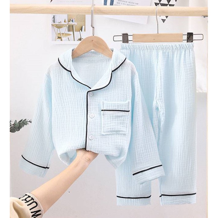 Bộ pijama cho bé chất đũi trơn, bộ đồ ngủ dài tay trẻ em từ 6-28kg Tiny Kids