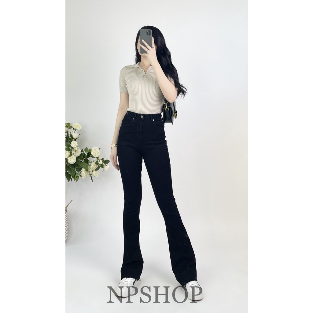 Quần jean ống loe lưng cao trơn dài NPSHOP, quần bò nữ ống loe cạp cao dài sang chảnh JNIK007