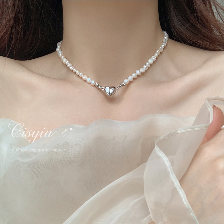 Vòng cổ Choker Mặt Trái Tim Từ Tính Đính Hạt Ngọc Trai Thanh Lịch Cho Nữ