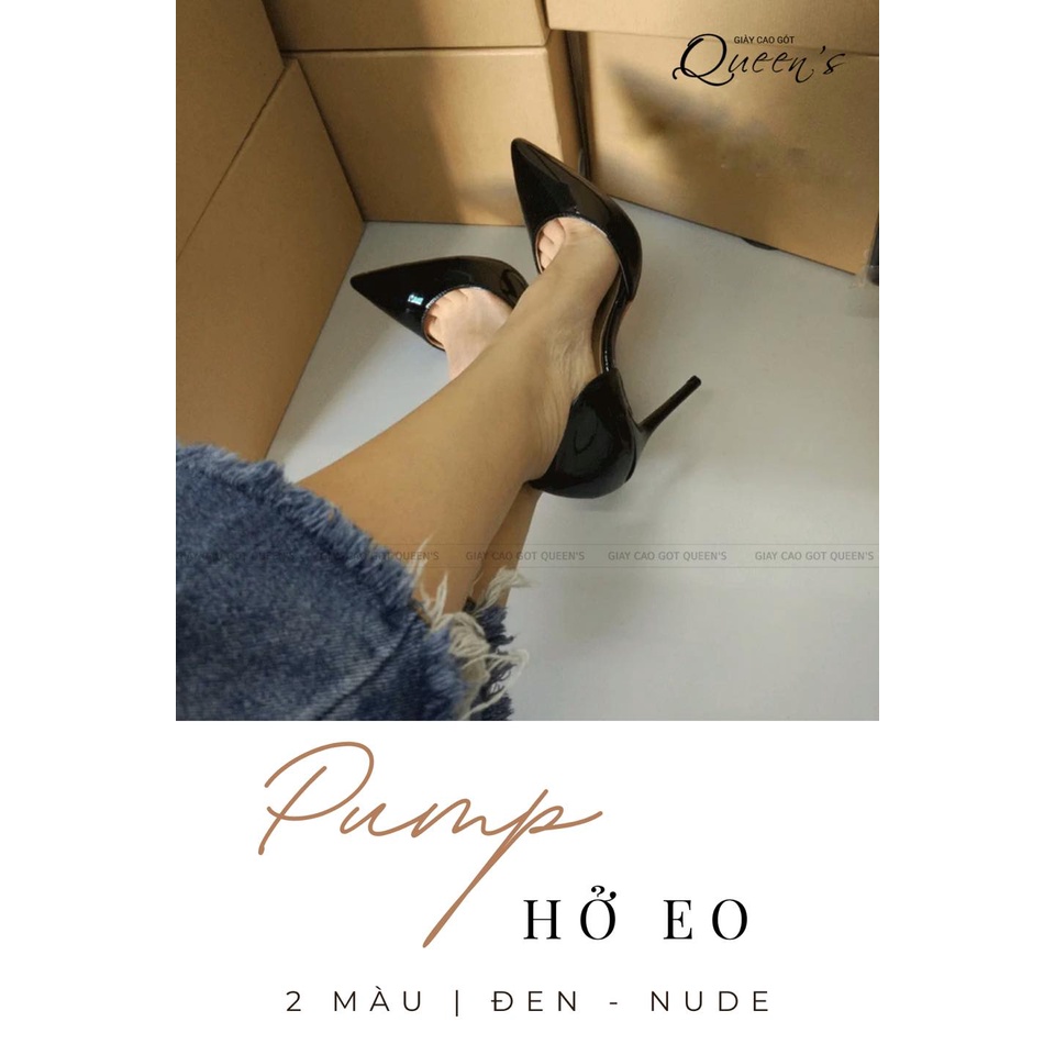 Giày Cao Gót Mũi Nhọn Nữ 8-10-11 phân Hở Eo Sang Trọng Nữ Tính, Dễ Mang, Chất Liệu Êm Ái Bảo Hành 1 Năm - Đen Bóng