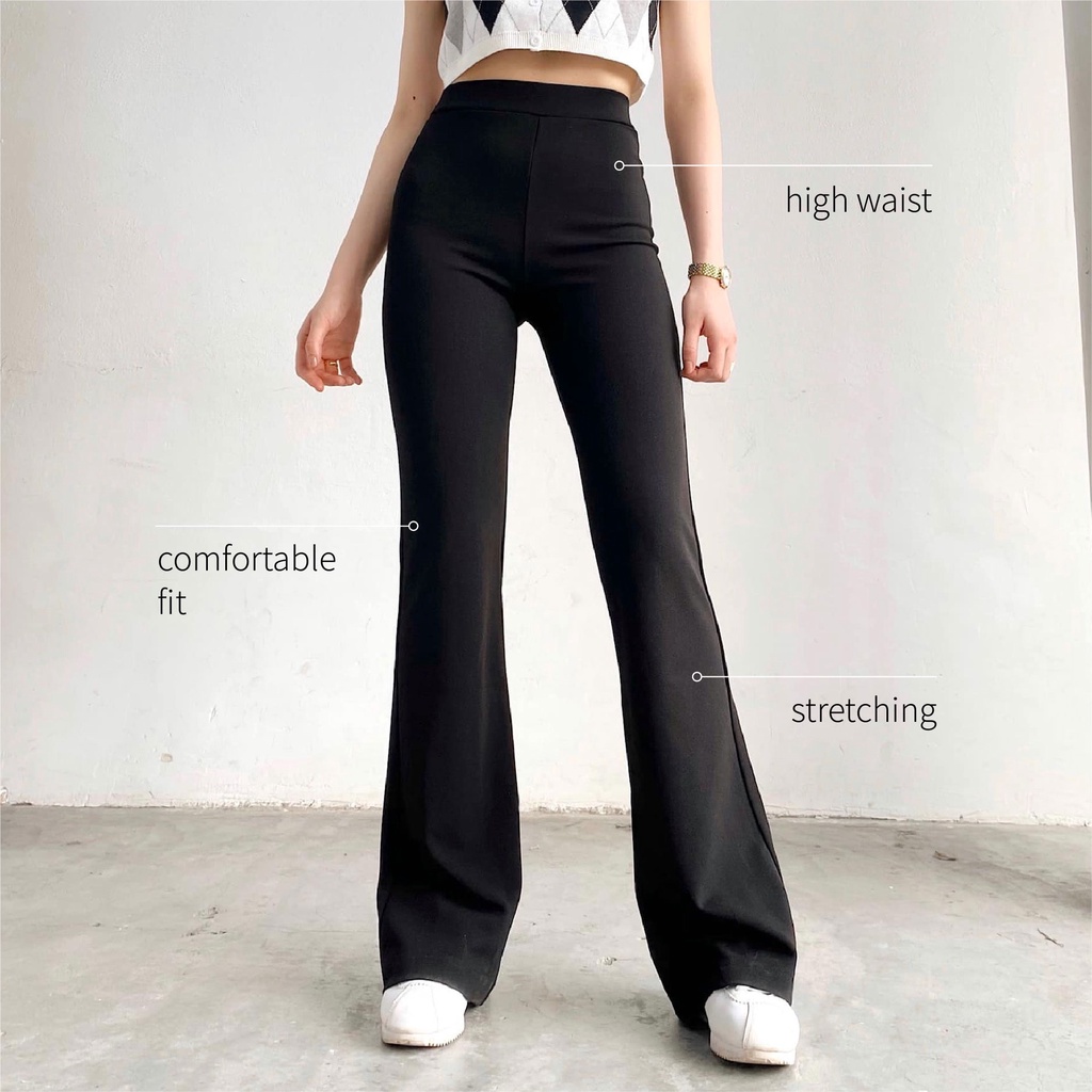 Quần ống loe đen cạp cao hack dáng quần loe co giãn 4 chiều khoá sau Mia Flare Pants Q377