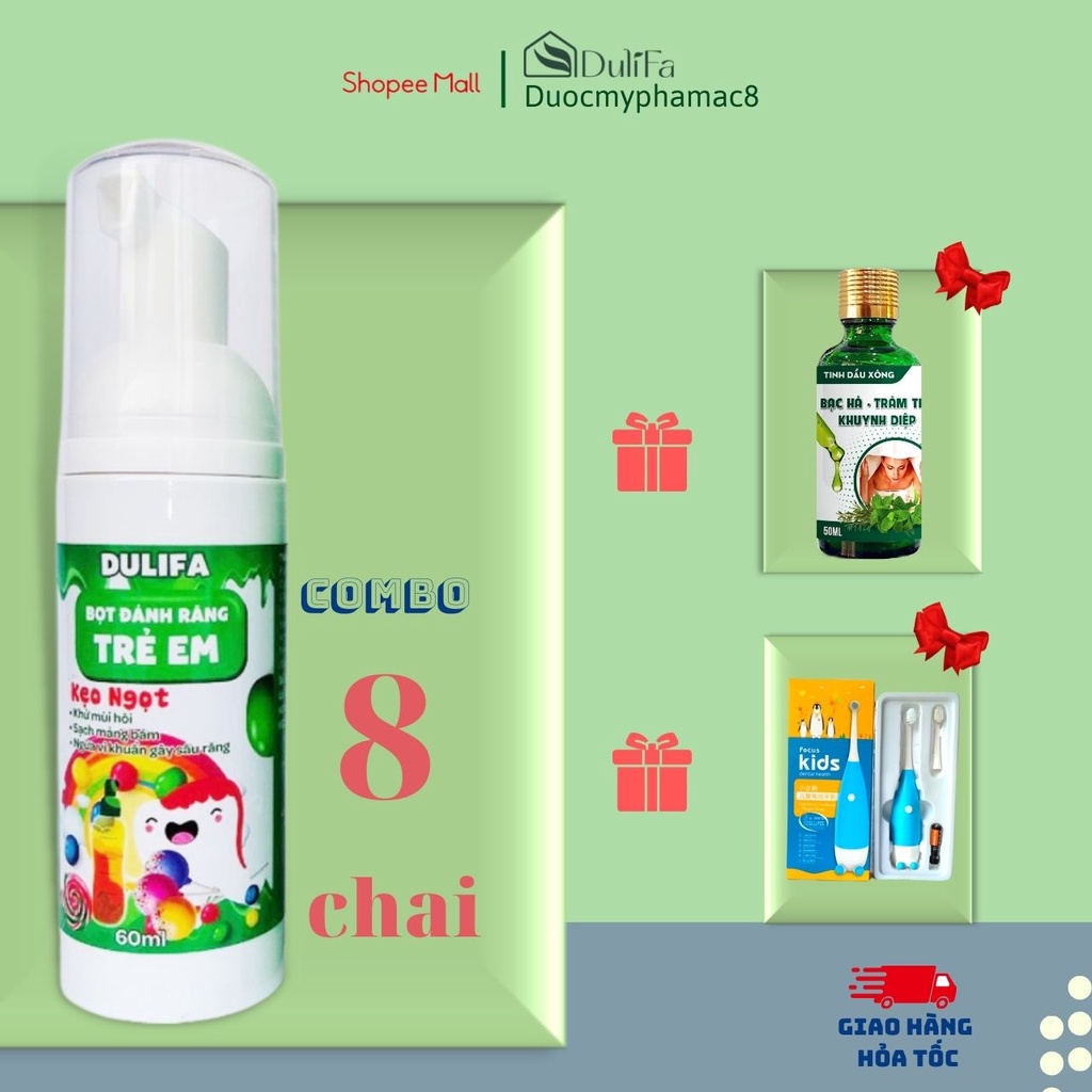 Combo 8 kem đánh răng cho bé nuốt được tạo bọt Dulifa thành phần hữu cơ hương dâu, hương cam, hương kẹo ngọt 60ml