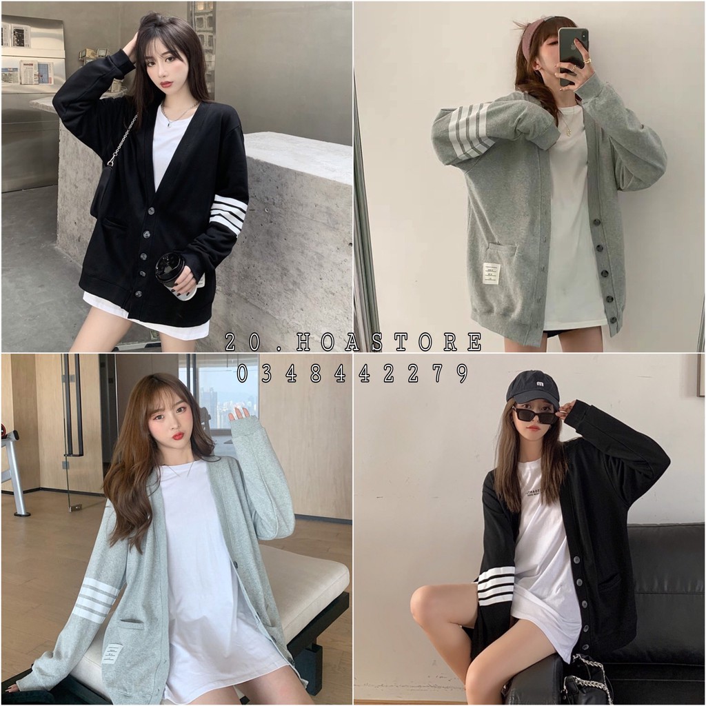 ÁO CARDIGAN MỎNG KẺ SỌC CELEB THOM Browne - ÁO KHOÁC LEN CARDIGAN CỔ TIM SỌC TAY ĐEN XÁM