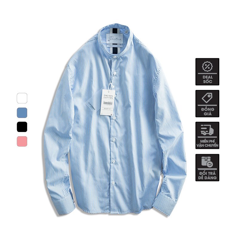 Áo sơ mi nam dài tay cổ trụ vải kate thái 100% cotton - BENTINO