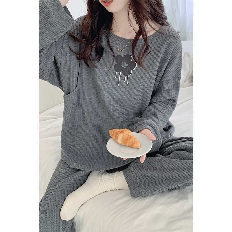 Đồ bộ bầu và sau sinh cho con bú thu đông họa tiết bông hoa quần có chun cúc điều chỉnh tiện lợi, chất cotton cao cấp