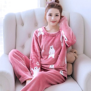 (SẴN HỒNG XXL) Bộ đồ ngủ nữ đồ mặc nhà thu đông họa tiết gấu bắc cực