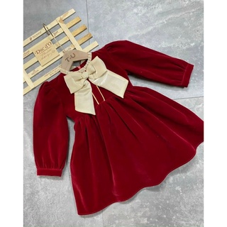 Váy nhung T-U cổ nơ bé gái