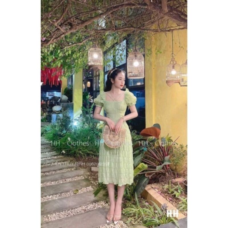 Váy nhăn chun vai cổ vuông tay bồng