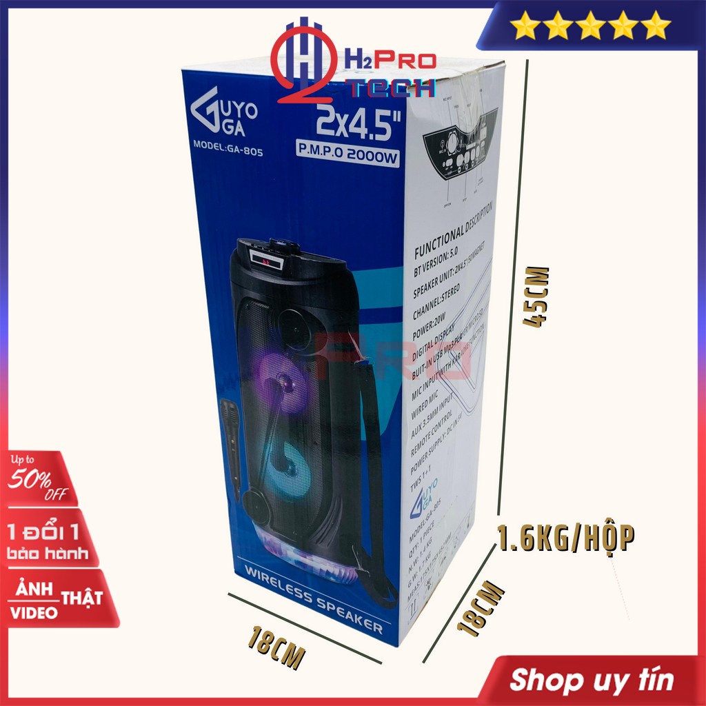 Loa Karaoke Bluetooth, Loa Nghe Nhạc Guyoga GA-805 Cao Cấp, 200W Bass Kép-Usb-TF-Đèn Led (Tặng Micro Có Dây)-H2Pro Tech