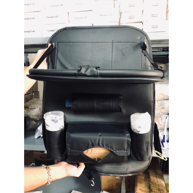 Túi da treo ghế sau ô tô có bàn, túi để đồ đa năng cao cấp, đựng đồ trên ô tô kiêm giá đỡ chất liệu da pu bền