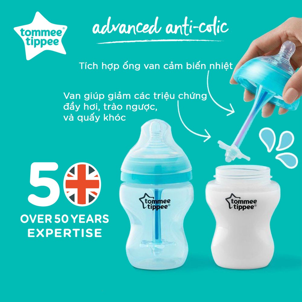 Bình sữa chống siêu chống đầy hơi kèm báo nhiệt Tommee Tippee Advanced Anti-Colic 260ml, núm ty đi kèm 0-3 tháng