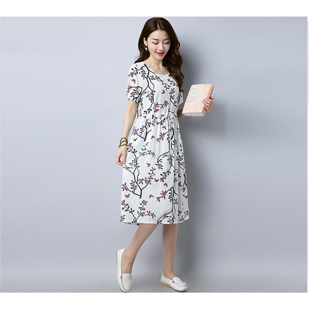 Đầm đũi nữ form rộng chun eo họa tiết hoa lá, váy đầm trung niên da94