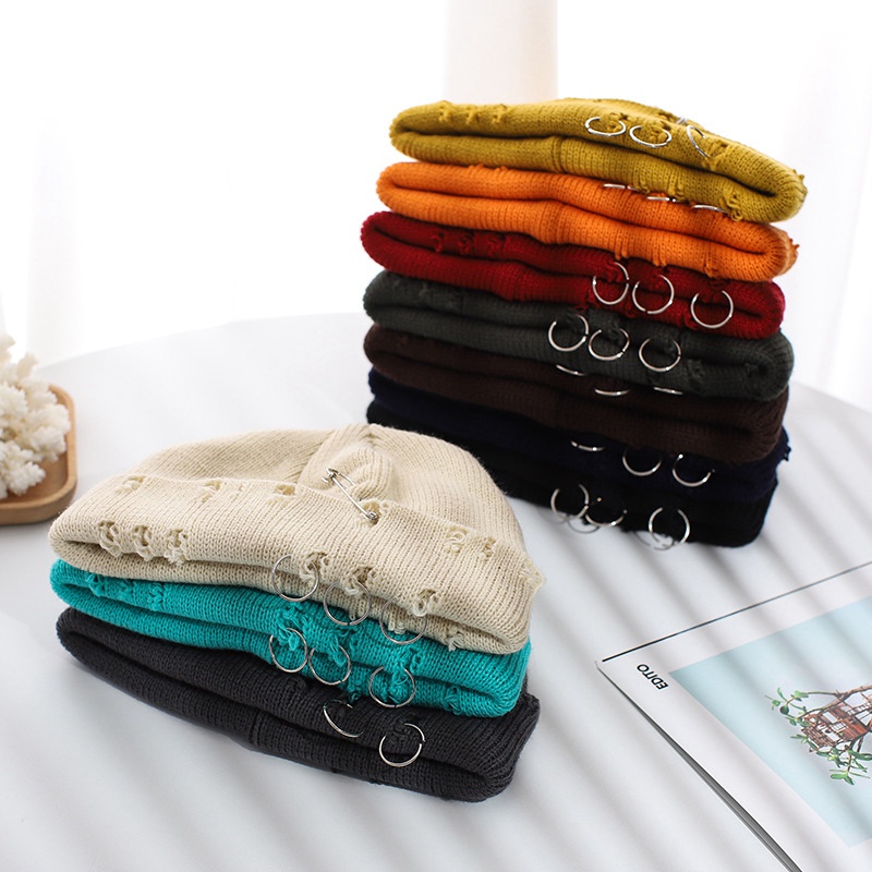 Mũ trùm đầu dệt kim mềm mại màu trơn phối lỗ rách phong cách hip hop Harajuku mùa thu đông 2022