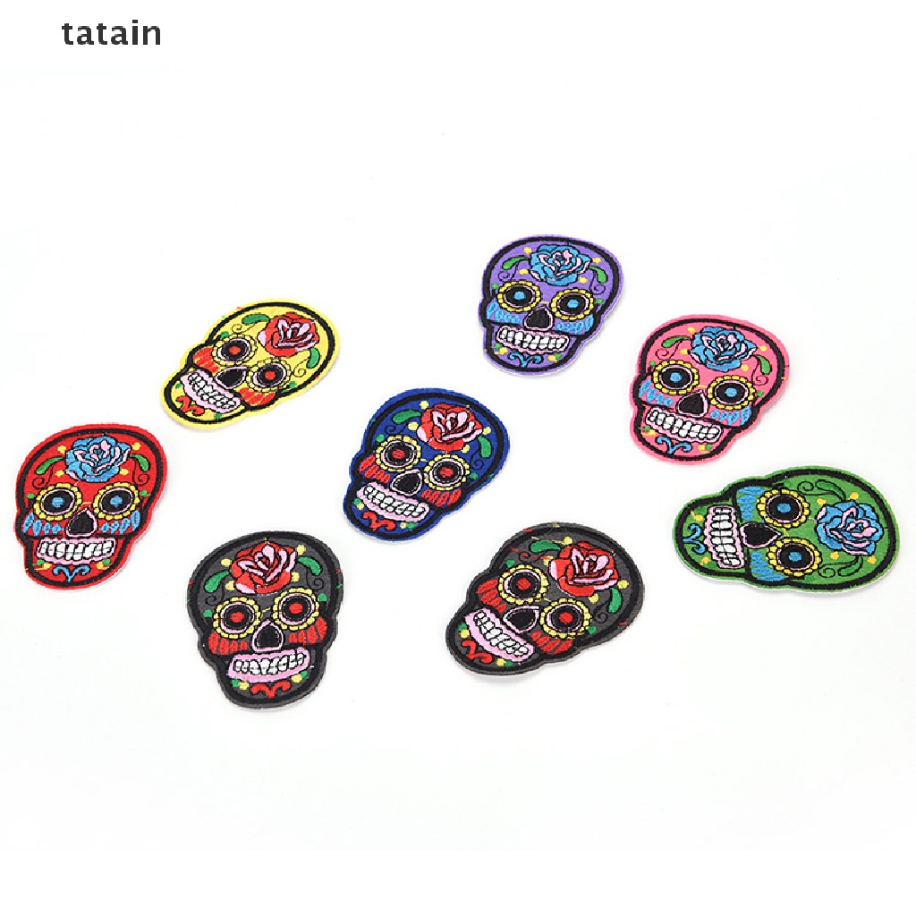 [TAT] 8Pcs iron on patches for clothes sew-on embroidered patch applique rose skull CVX