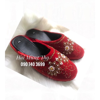 Hài mừng thọ bà mẫu nhung đỏ kết hoa mới
