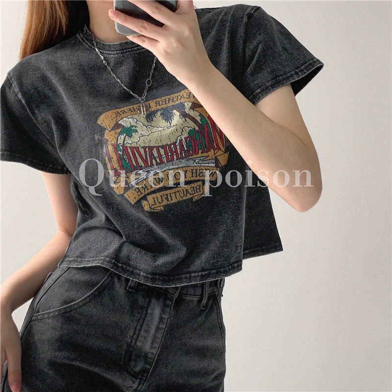 Áo Thun Lửng Tay Ngắn Cổ Tròn In Hình Cây Dừa Phong Cách Retro Dành Cho Nữ