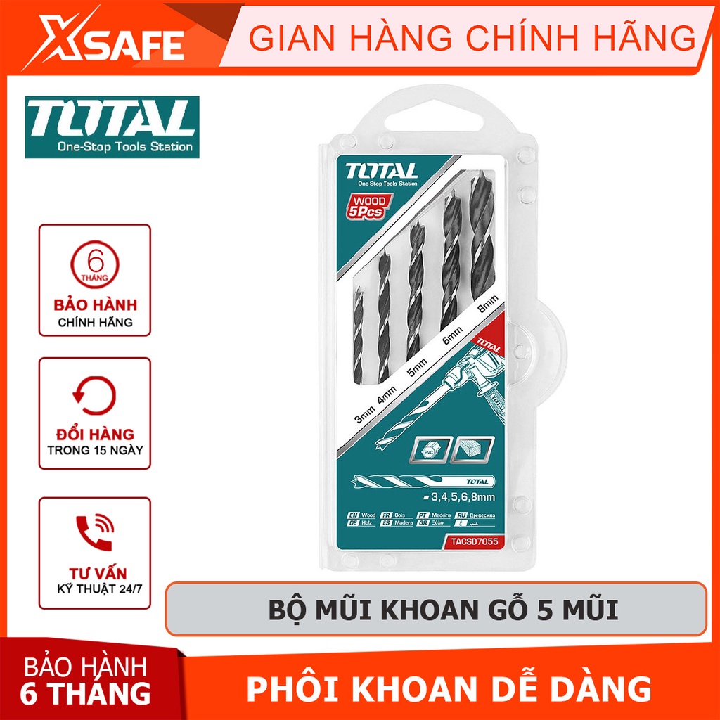 Bộ mũi khoan gỗ 5 chi tiết TOTAL TACSD7055 Combo 5 mũi khoan gỗ size 3X61, 4X75, 5X86, 6X93, 8X117 - Chính hãng