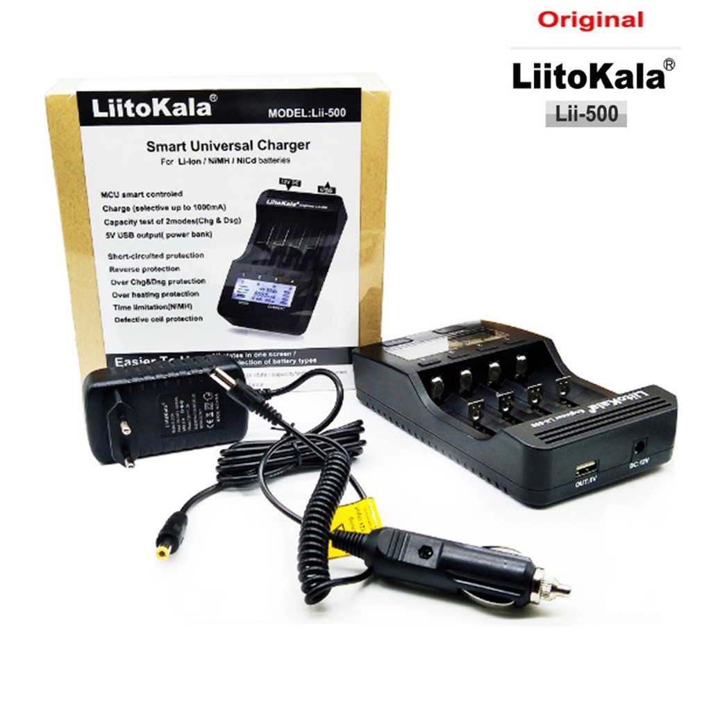 phụ xe Liitokala Bộ Sạc Pin Đa Năng Cao Cấp Liitokala Lii-500 bản PULL phụ kiện ( nguồn 12v+ adapter xe hơi)