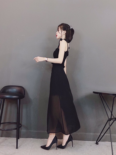 Sét bộ váy dài đính nút áo kiểu nhúm 2 dây cột