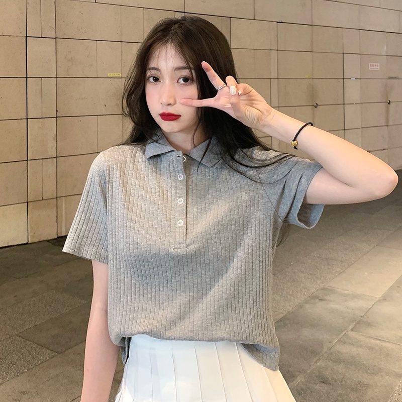 QKOOLE Áo thun nữ  ngắn tay cổ bẻ phong cách Hàn Quốc